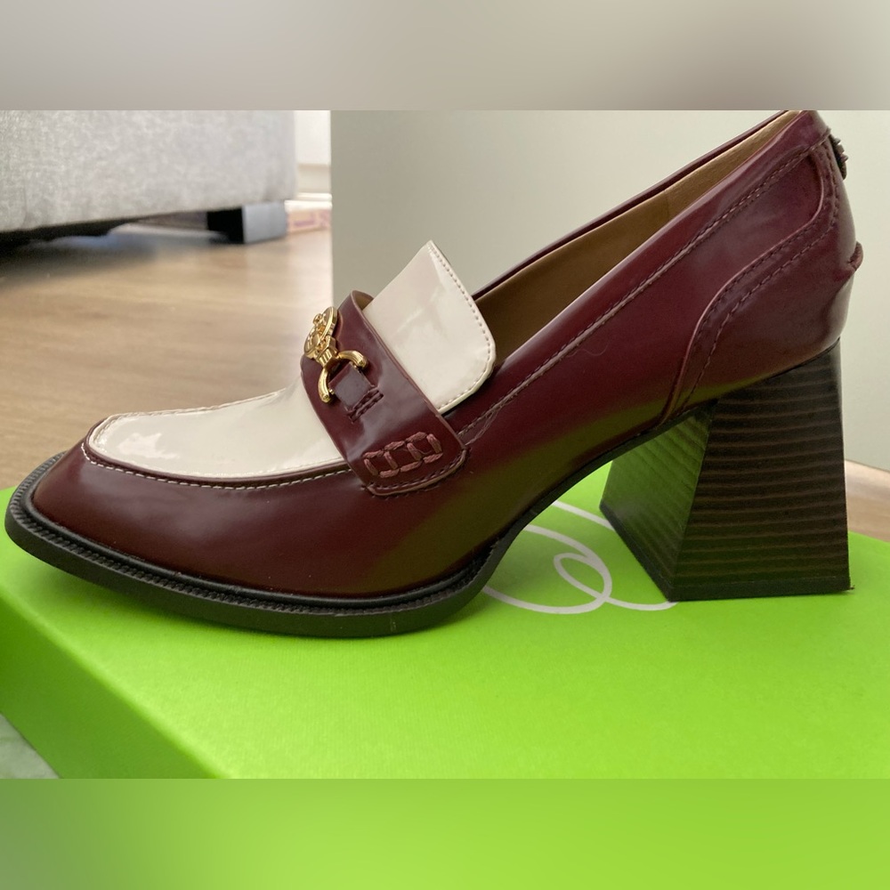 Sam Edelman Two-Tone Burgundy and Cream Block Heel Loafers